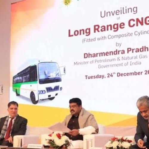 Pradhan launches first CNG bus that will run 1,000 km in one fill